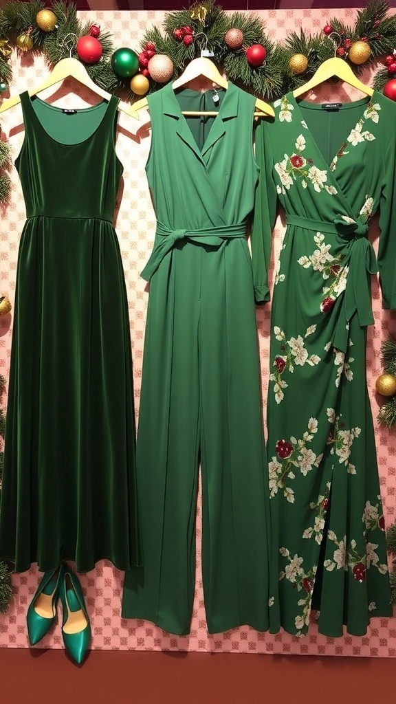 A collection of green Christmas party outfits displayed with holiday decorations.